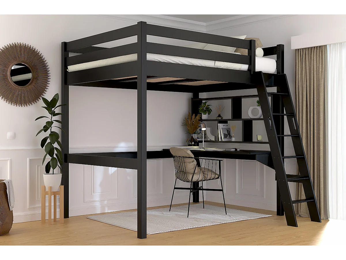 Lit mezzanine 2 places bois Sylvia 140x200 échelle inclinée, Noir