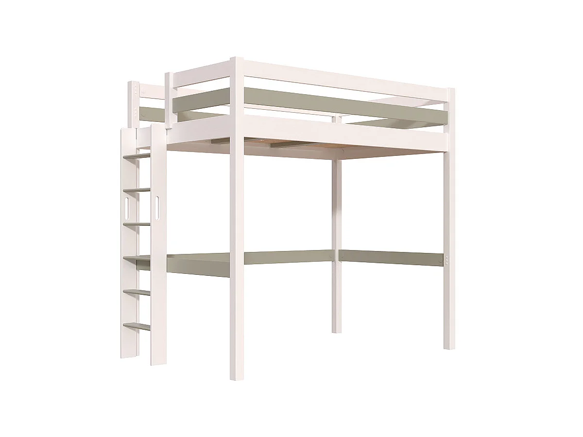 Lit en hauteur 1 place bois Sylvia 120x190 échelle droite, Blanc/Moka
