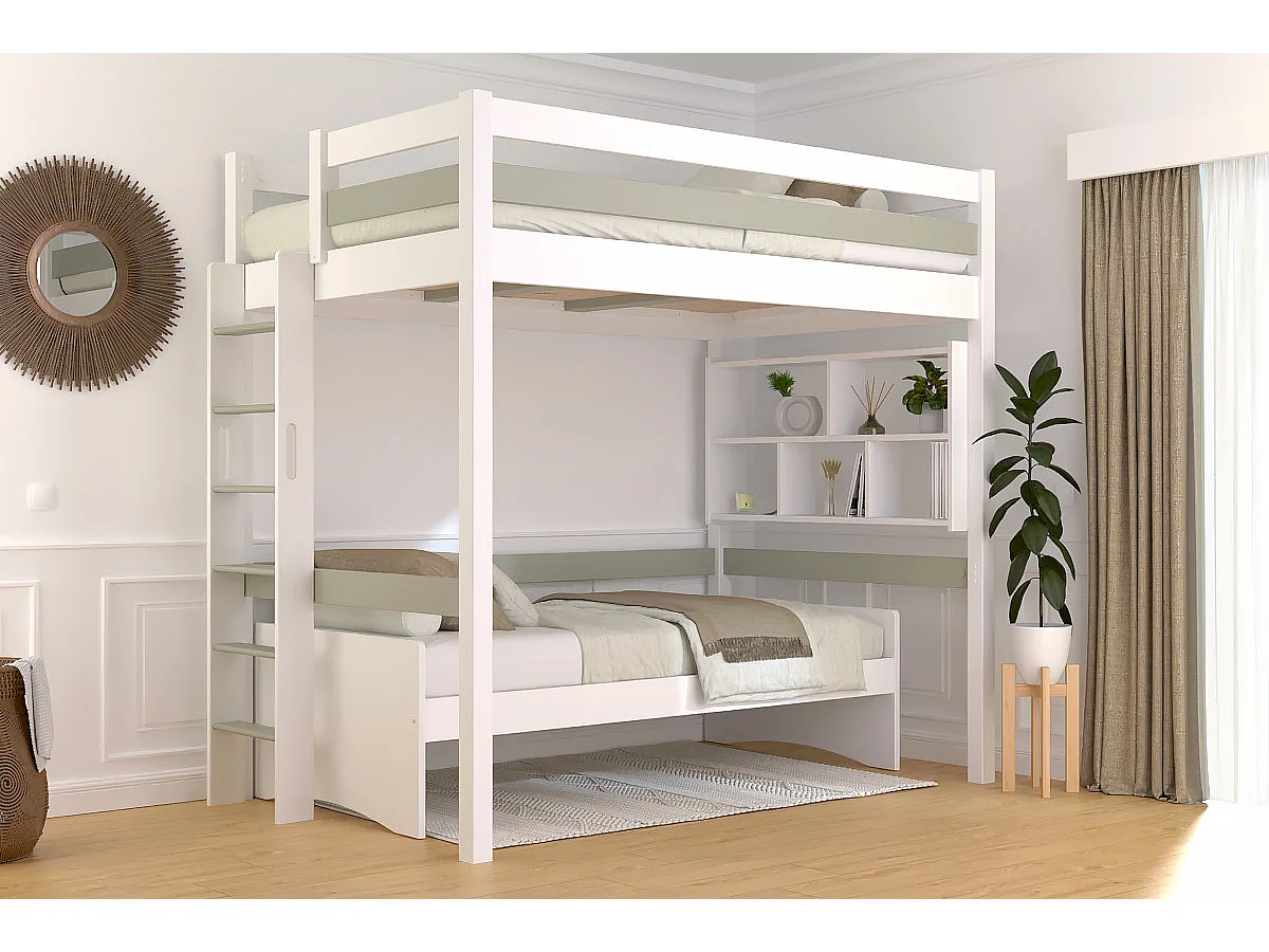 Lit en hauteur 1 place bois Sylvia 120x190 échelle droite, Blanc/Moka