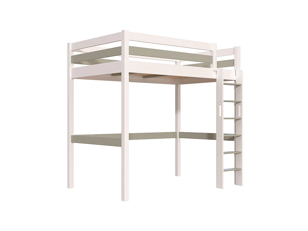 Lit en hauteur 1 place bois Sylvia 120x190 échelle droite, Blanc/Moka