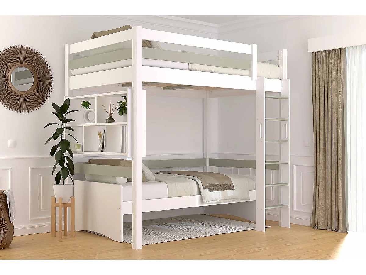 Lit en hauteur 1 place bois Sylvia 120x190 échelle droite, Blanc/Moka