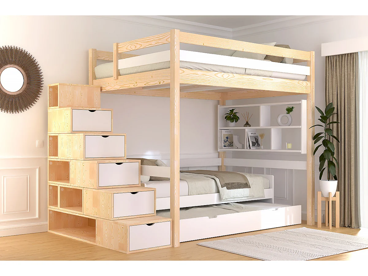 Lit mezzanine bois 140x200 Sylvia avec escalier cube, Vernis naturel/Blanc