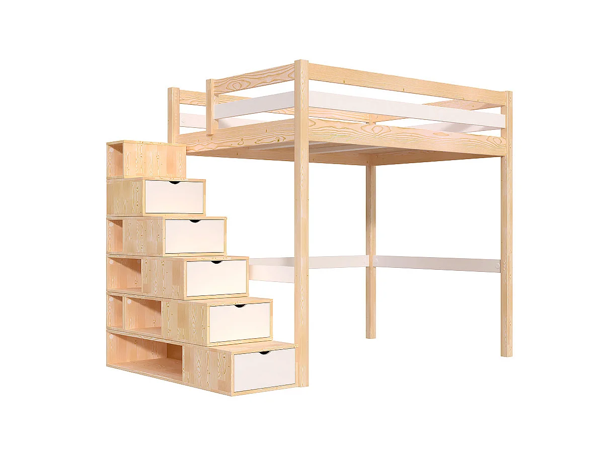 Lit mezzanine bois 140x200 Sylvia avec escalier cube, Vernis naturel/Blanc