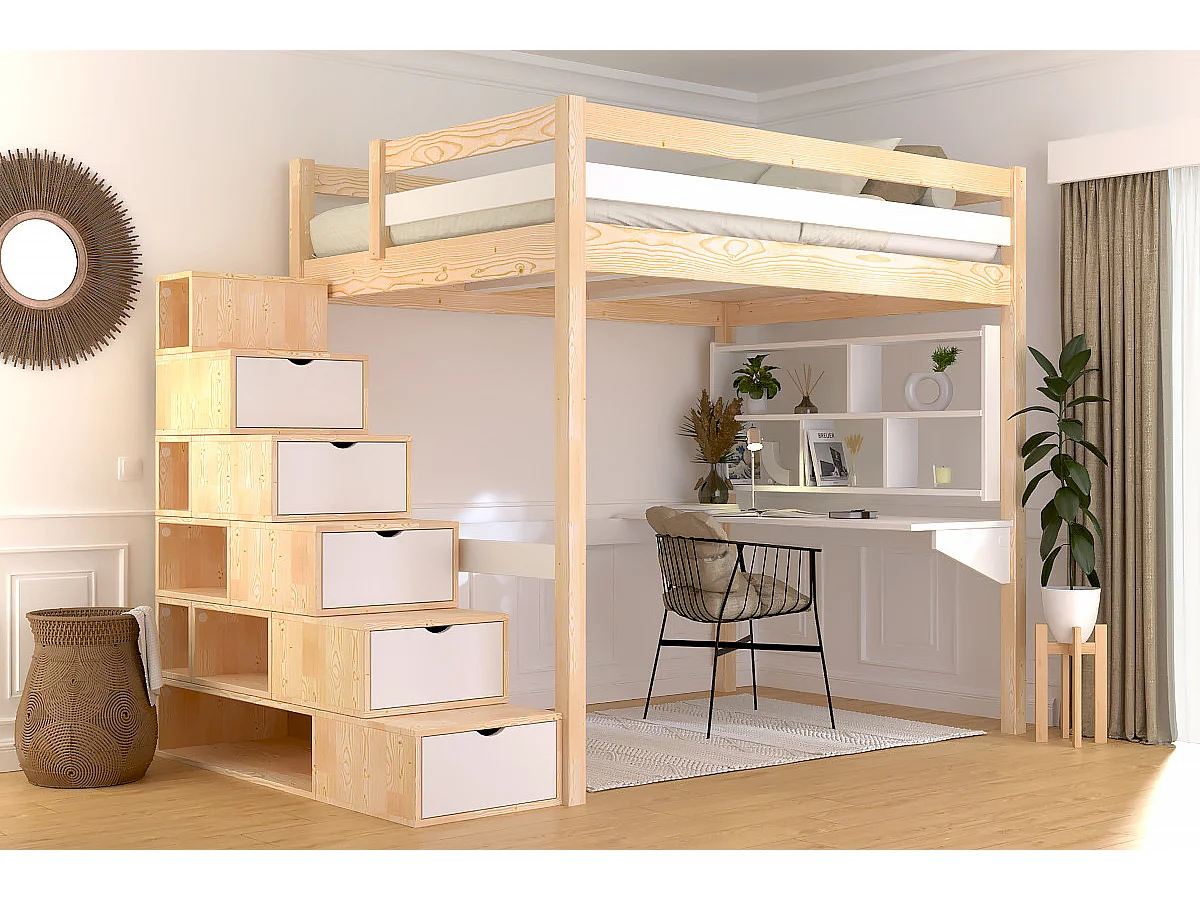 Lit mezzanine bois 140x200 Sylvia avec escalier cube, Vernis naturel/Blanc