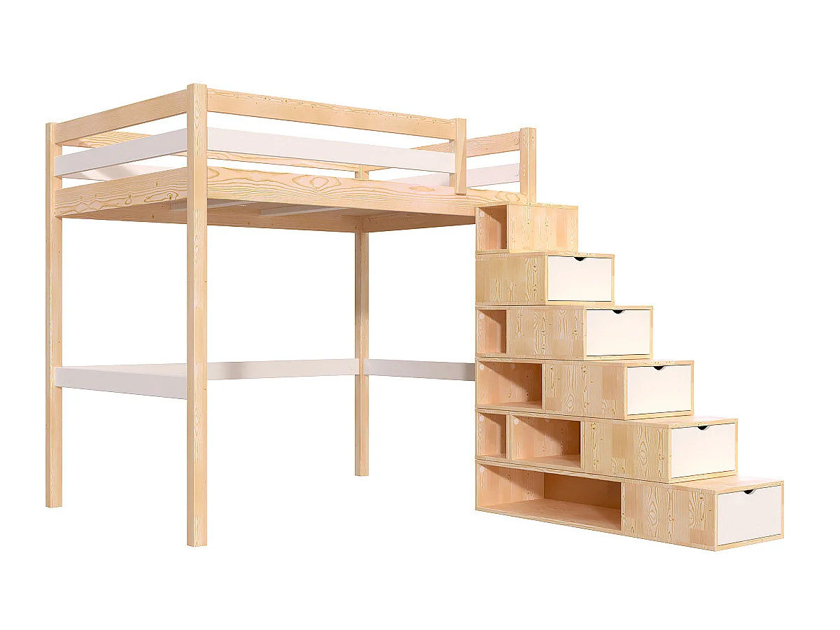 Lit mezzanine bois 140x200 Sylvia avec escalier cube, Vernis naturel/Blanc
