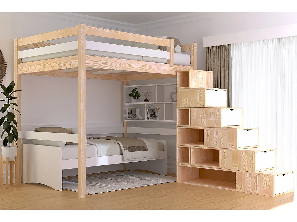 Lit mezzanine bois 140x200 Sylvia avec escalier cube, Vernis naturel/Blanc