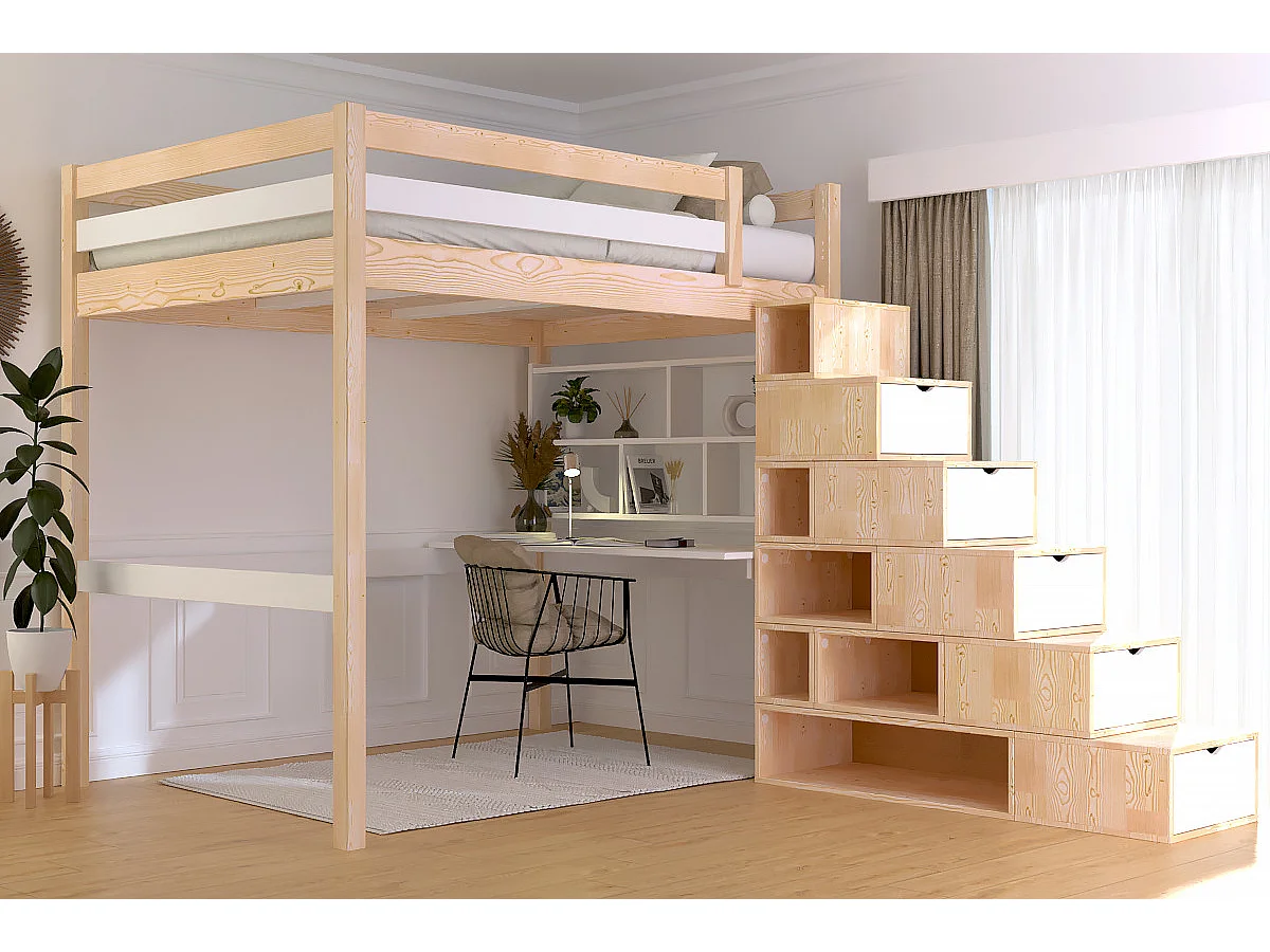 Lit mezzanine bois 140x200 Sylvia avec escalier cube, Vernis naturel/Blanc
