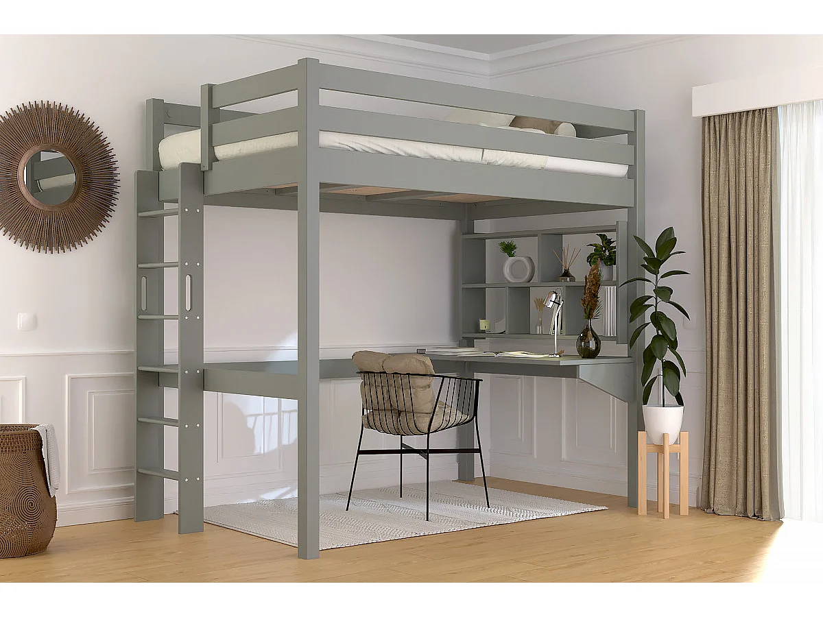 Lit en hauteur 1 place bois Sylvia 120x190 échelle droite, Gris