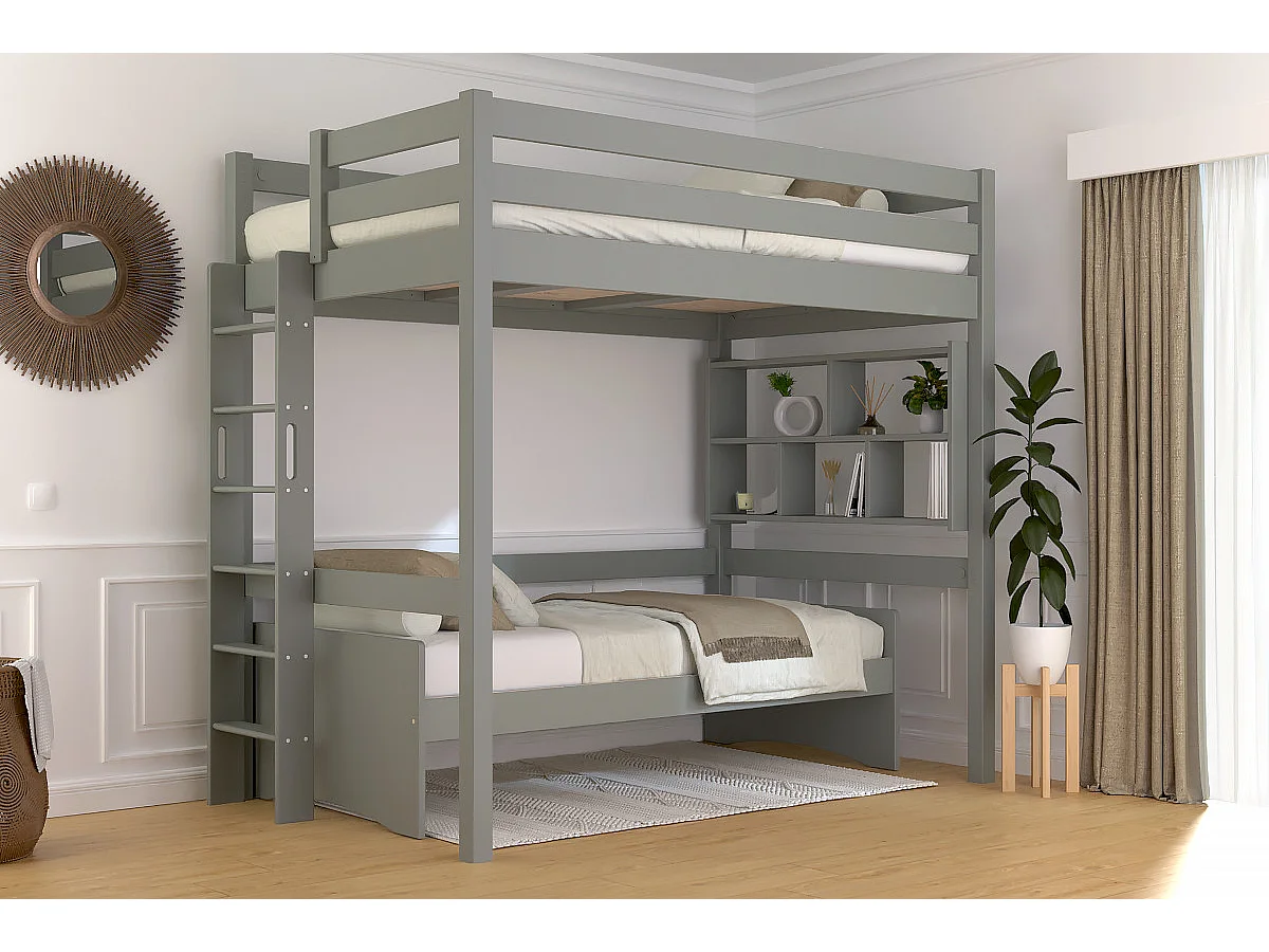 Lit en hauteur 1 place bois Sylvia 120x190 échelle droite, Gris