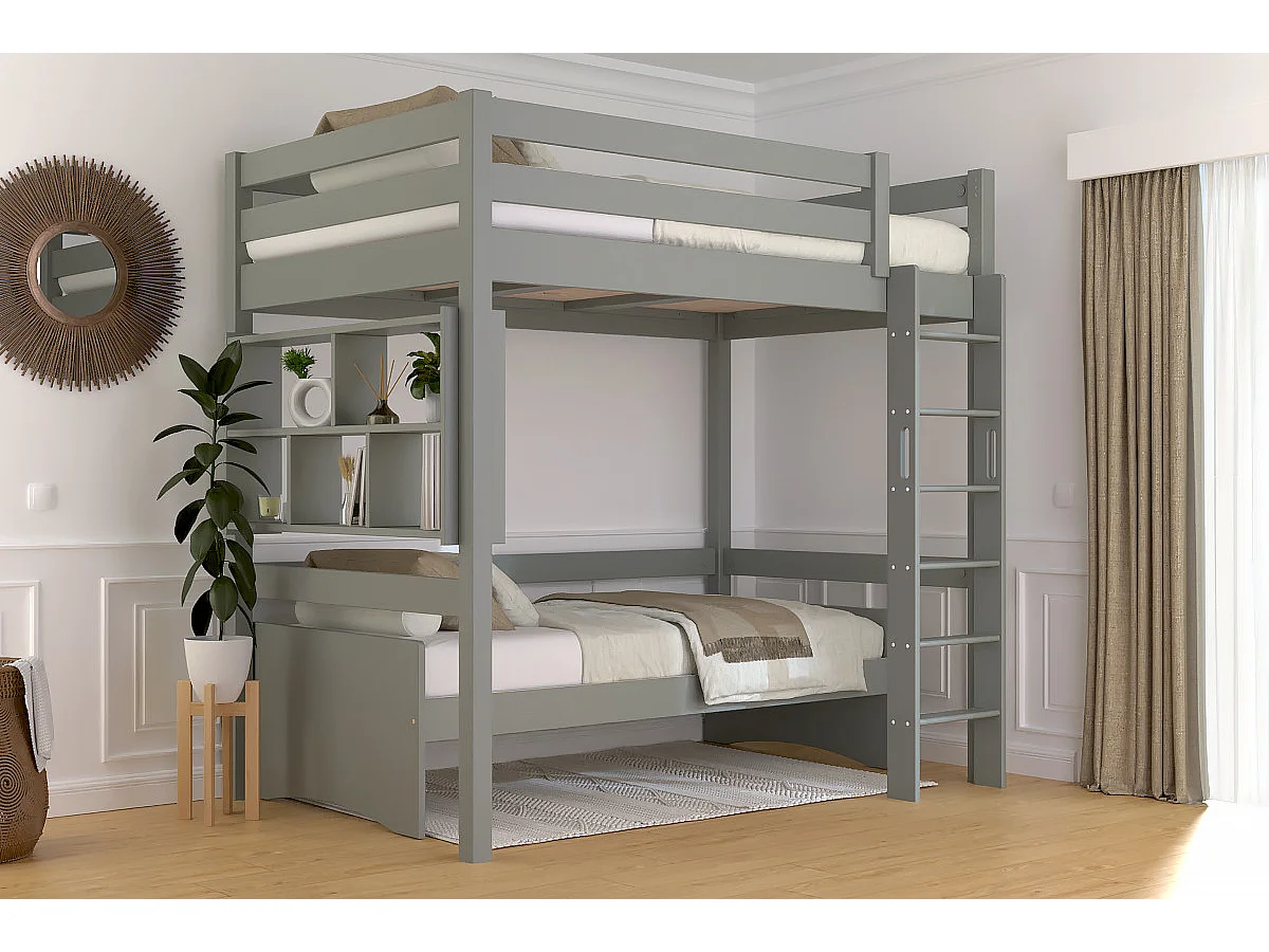 Lit en hauteur 1 place bois Sylvia 120x190 échelle droite, Gris