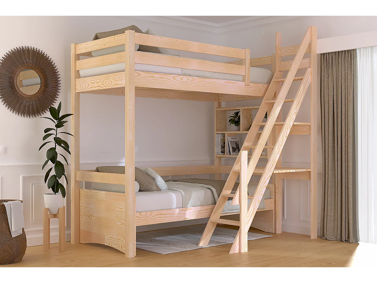 Lit Mezzanine bois Sylvia 90x200 avec escalier de meunier, Brut (sans vernis)