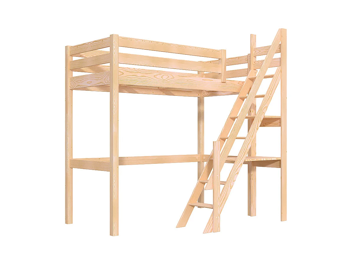 Lit Mezzanine bois Sylvia 90x200 avec escalier de meunier, Brut (sans vernis)