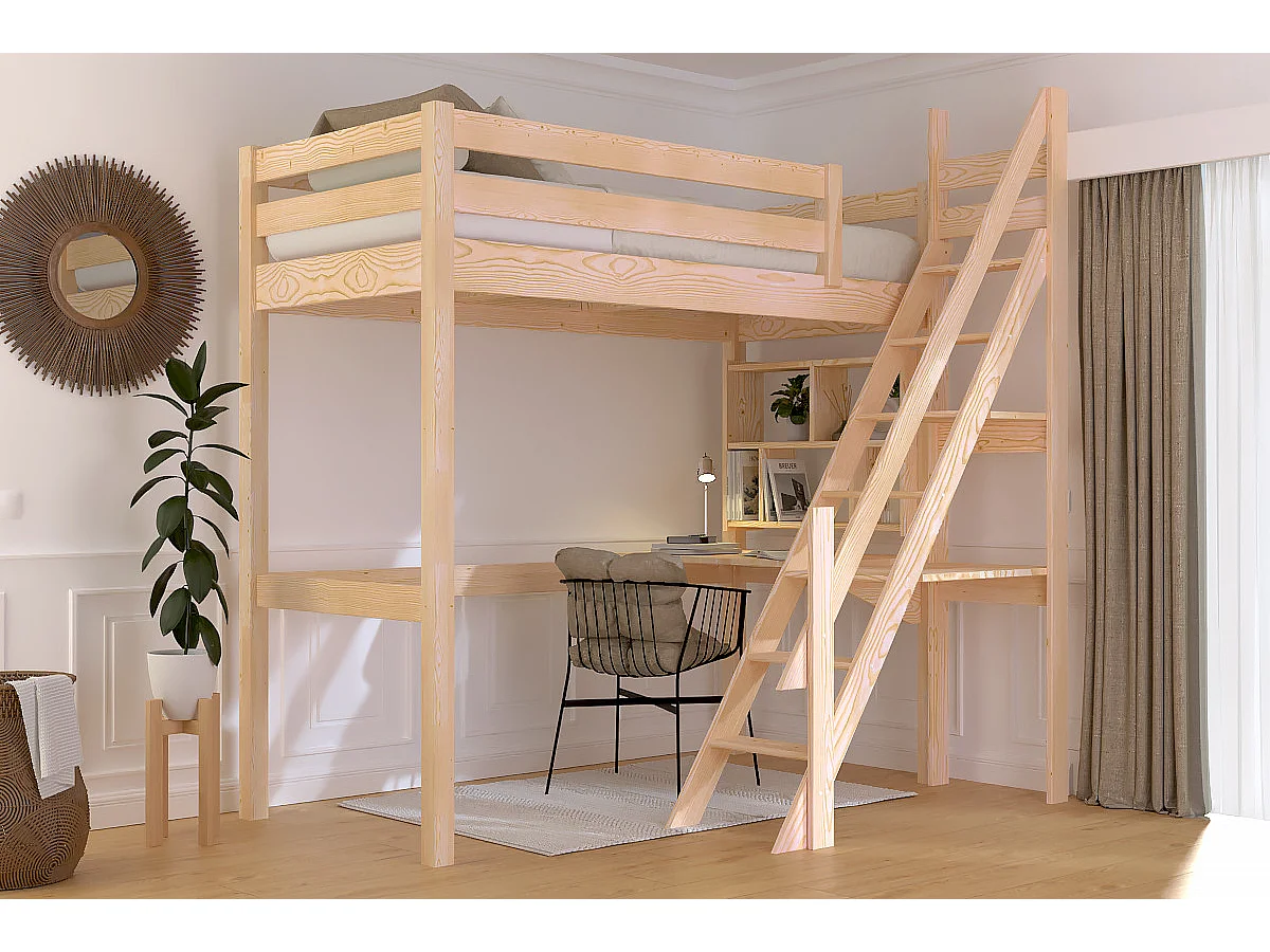 Lit Mezzanine bois Sylvia 90x200 avec escalier de meunier, Brut (sans vernis)