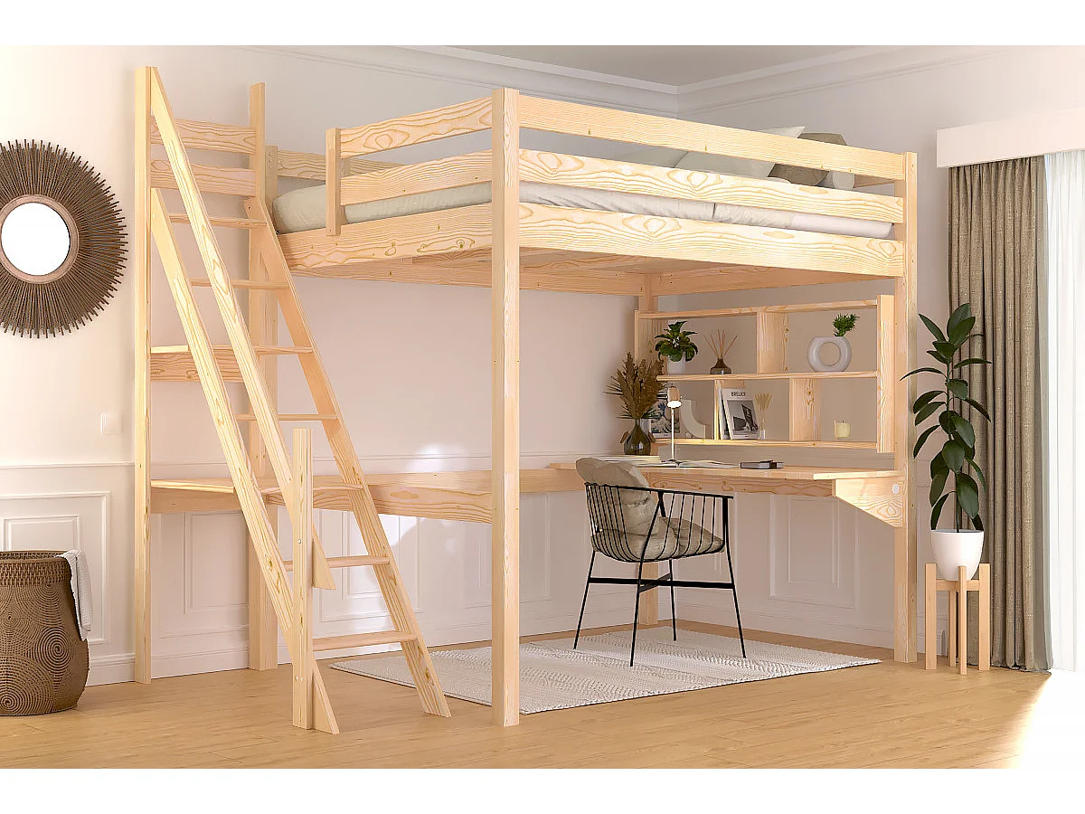 Lit mezzanine bois 140x200 Sylvia avec escalier de meunier, Brut (sans vernis)
