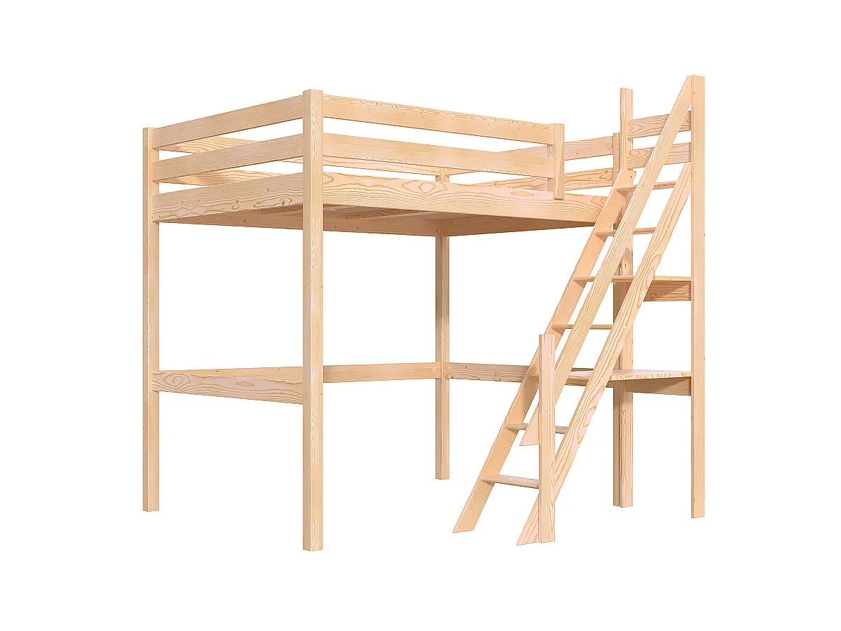 Lit mezzanine bois 140x200 Sylvia avec escalier de meunier, Brut (sans vernis)