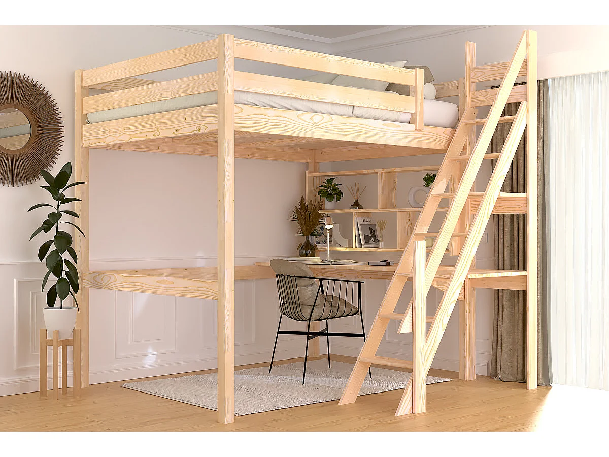 Lit mezzanine bois 140x200 Sylvia avec escalier de meunier, Brut (sans vernis)