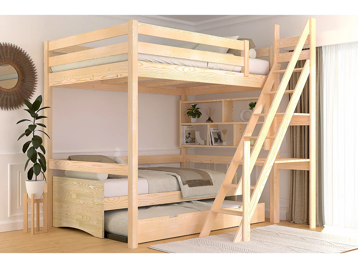 Lit mezzanine bois 140x200 Sylvia avec escalier de meunier, Brut (sans vernis)