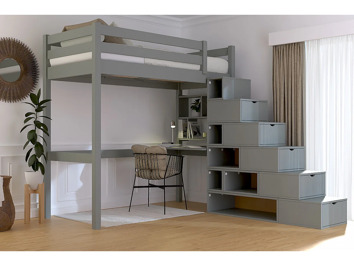 Lit mezzanine bois 90x200 Sylvia avec escalier cube, Gris