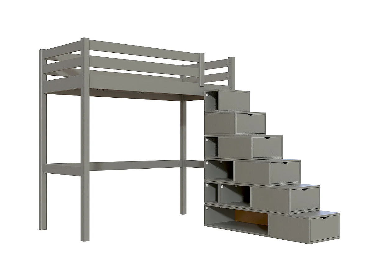 Lit mezzanine bois 90x200 Sylvia avec escalier cube, Gris