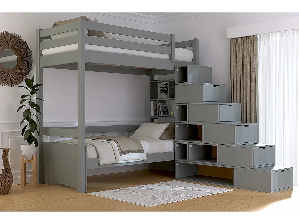 Lit mezzanine bois 90x200 Sylvia avec escalier cube, Gris