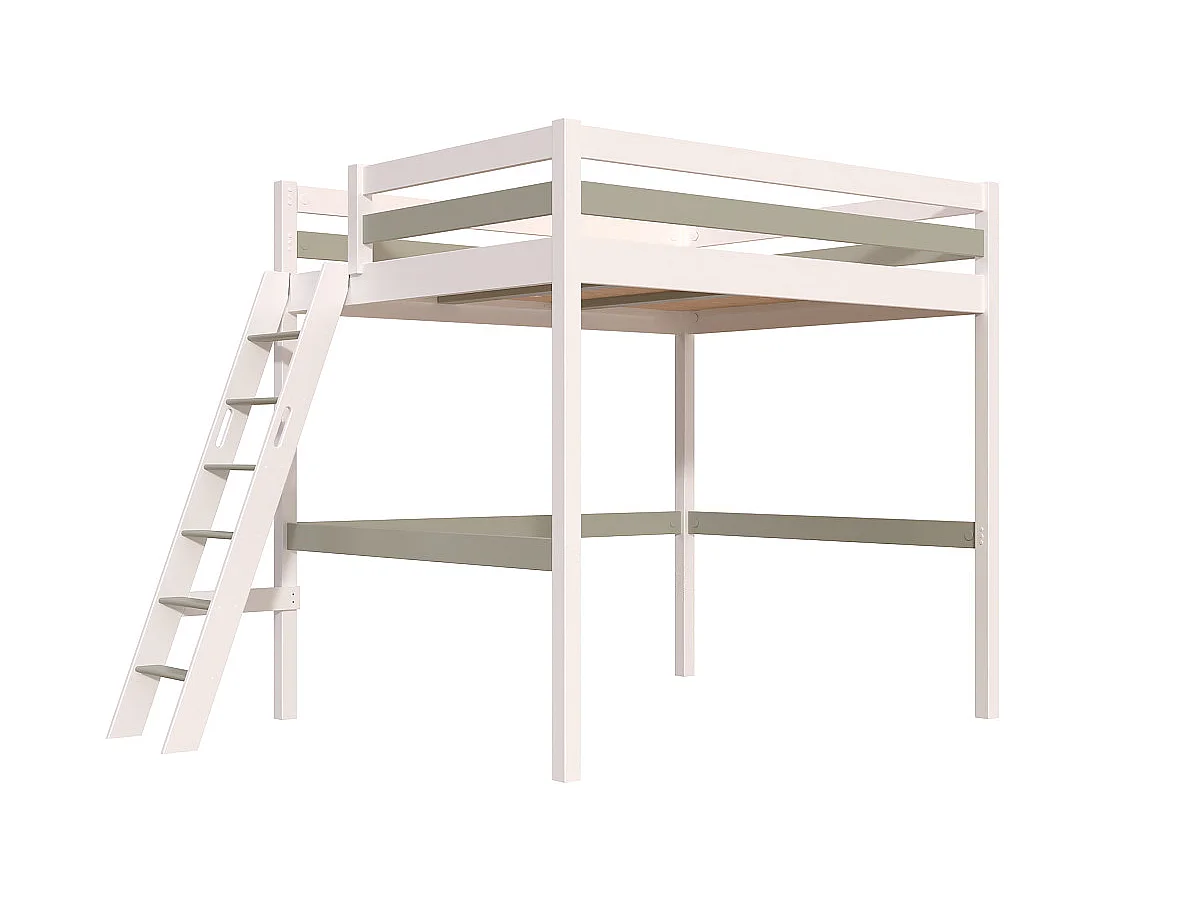 Lit mezzanine 2 places bois Sylvia 160x200 échelle inclinée, Blanc/Moka