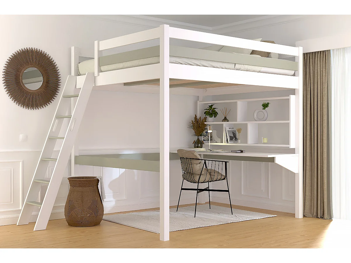 Lit mezzanine 2 places bois Sylvia 160x200 échelle inclinée, Blanc/Moka