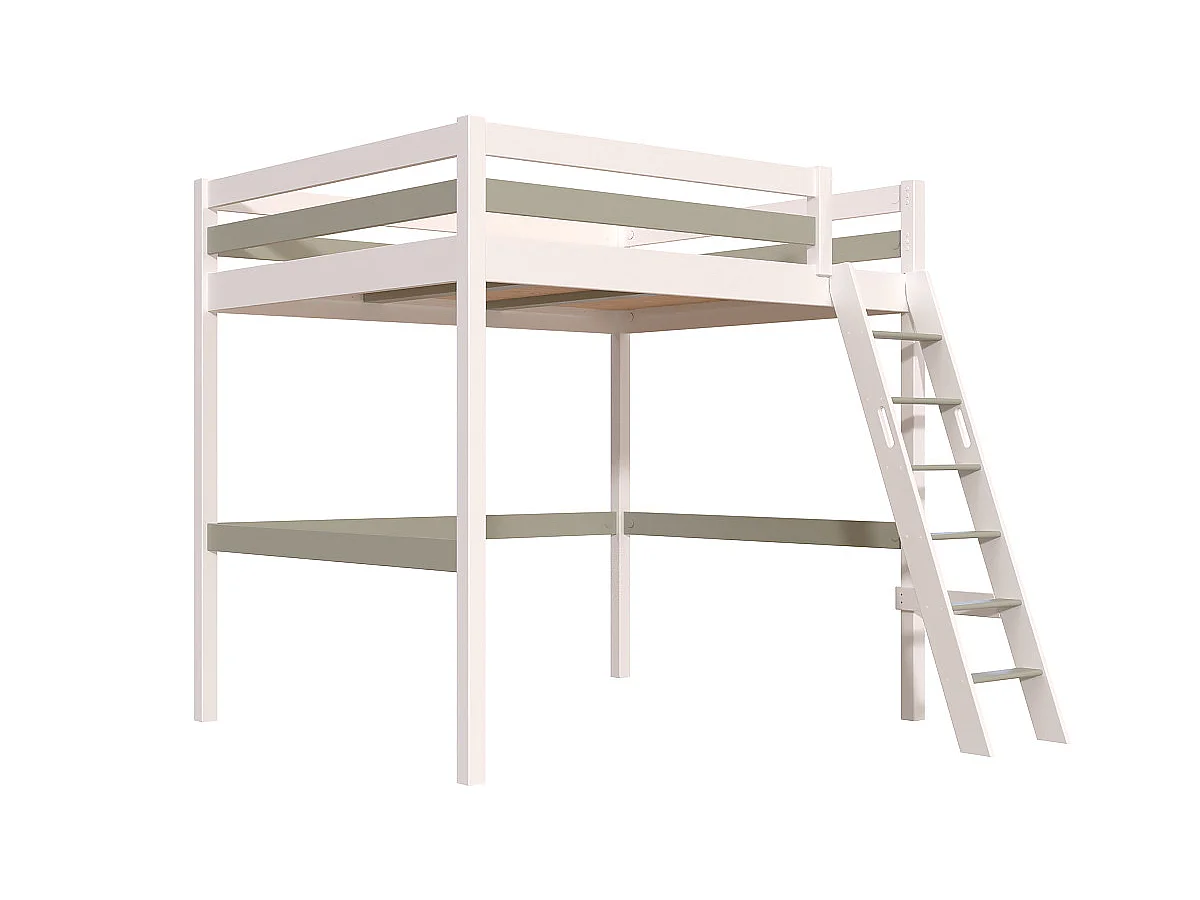 Lit mezzanine 2 places bois Sylvia 160x200 échelle inclinée, Blanc/Moka