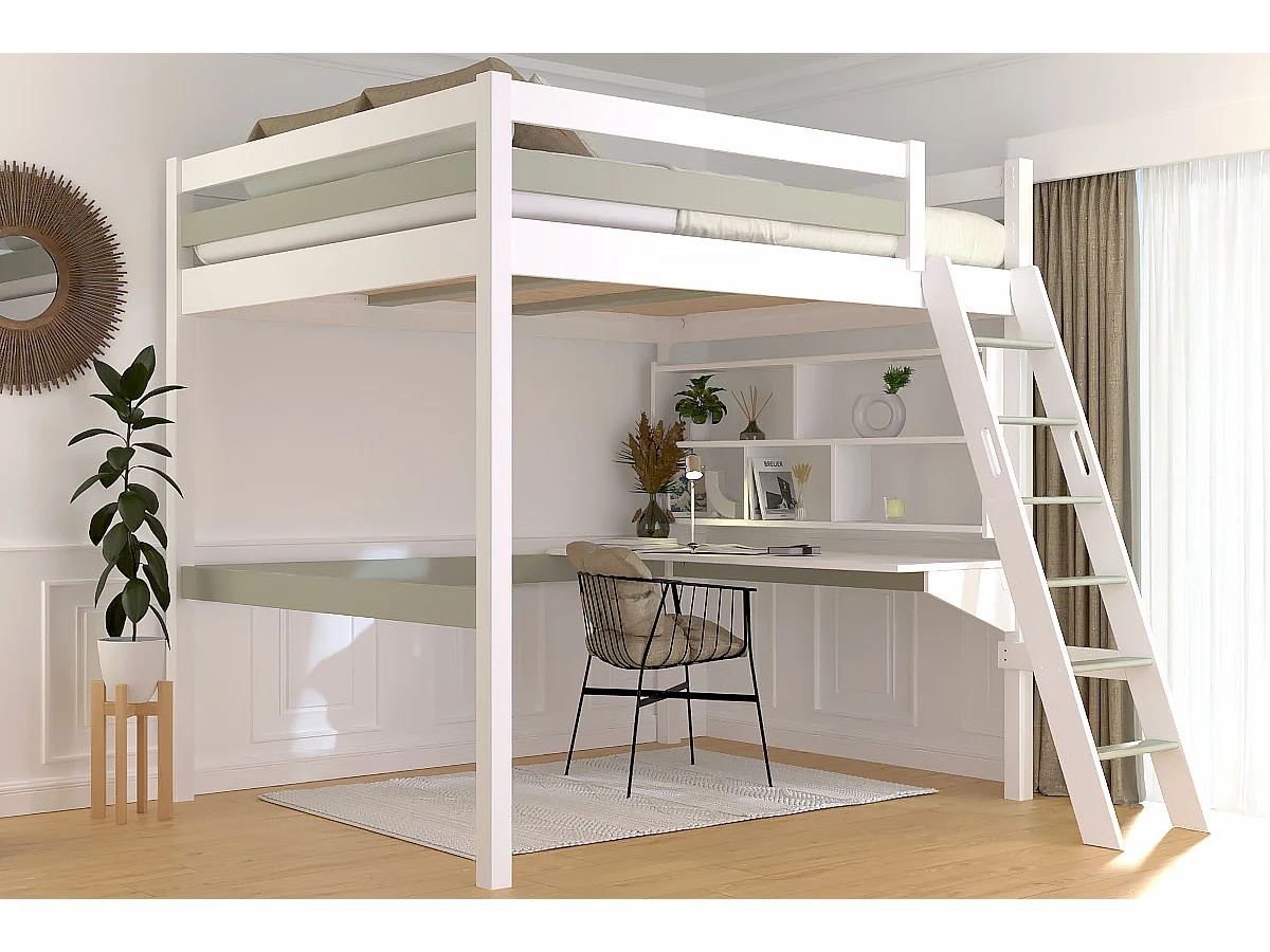 Lit mezzanine 2 places bois Sylvia 160x200 échelle inclinée, Blanc/Moka