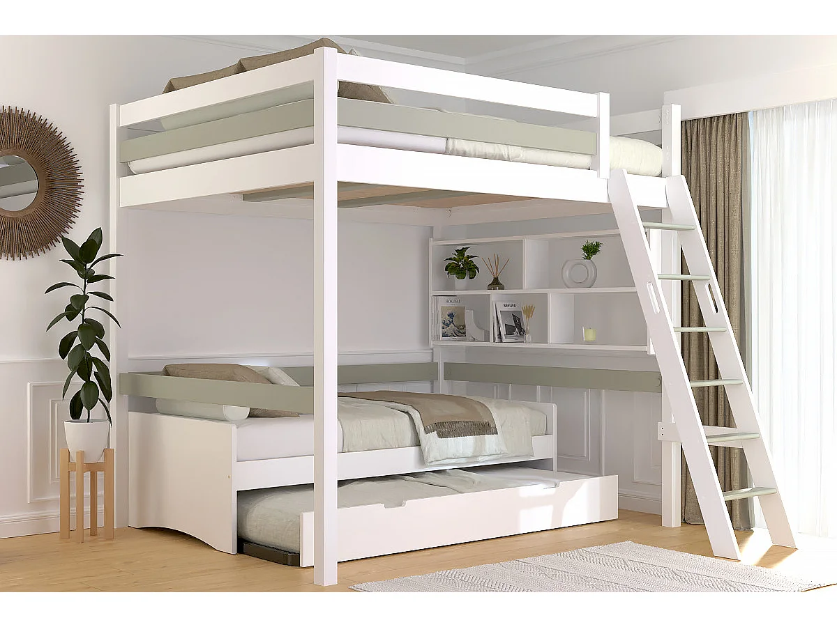 Lit mezzanine 2 places bois Sylvia 160x200 échelle inclinée, Blanc/Moka