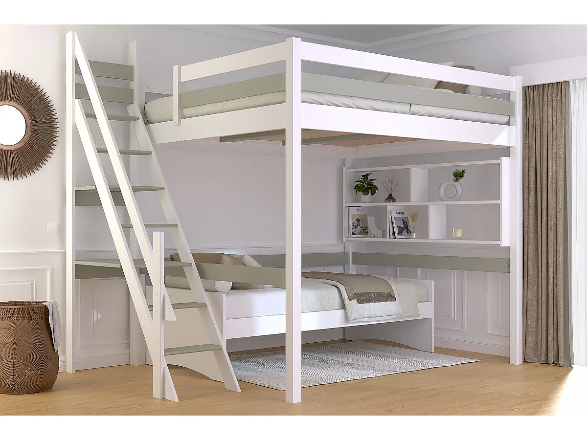 Lit Mezzanine bois 160x200 Sylvia avec escalier de meunier, Blanc/Moka