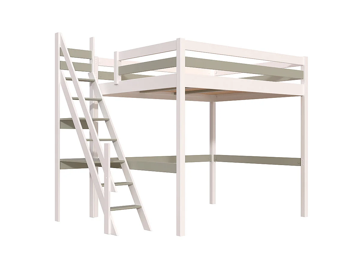 Lit Mezzanine bois 160x200 Sylvia avec escalier de meunier, Blanc/Moka