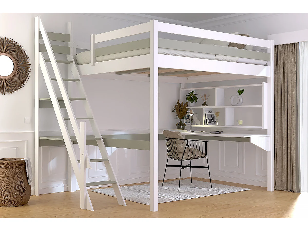 Lit Mezzanine bois 160x200 Sylvia avec escalier de meunier, Blanc/Moka
