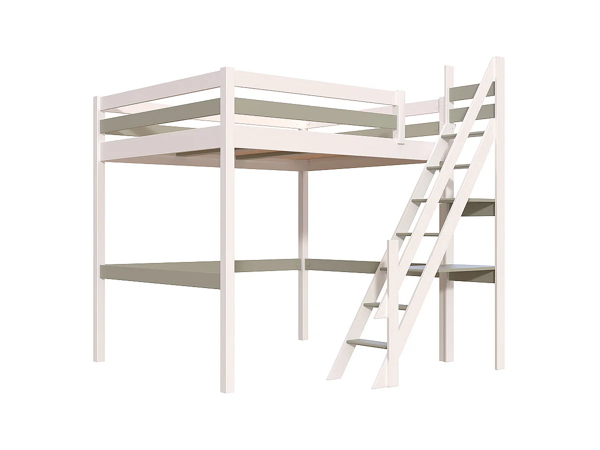 Lit Mezzanine bois 160x200 Sylvia avec escalier de meunier, Blanc/Moka