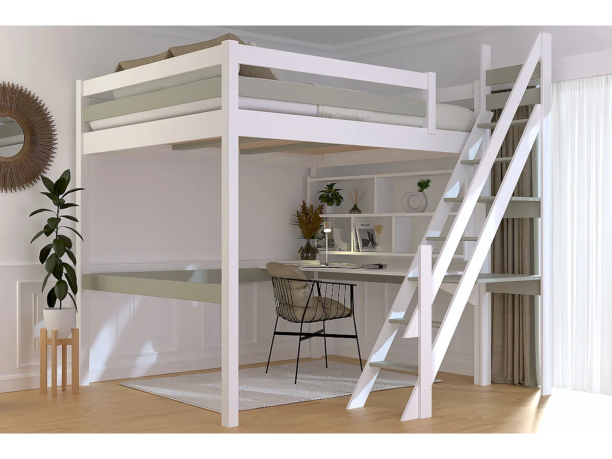 Lit Mezzanine bois 160x200 Sylvia avec escalier de meunier, Blanc/Moka