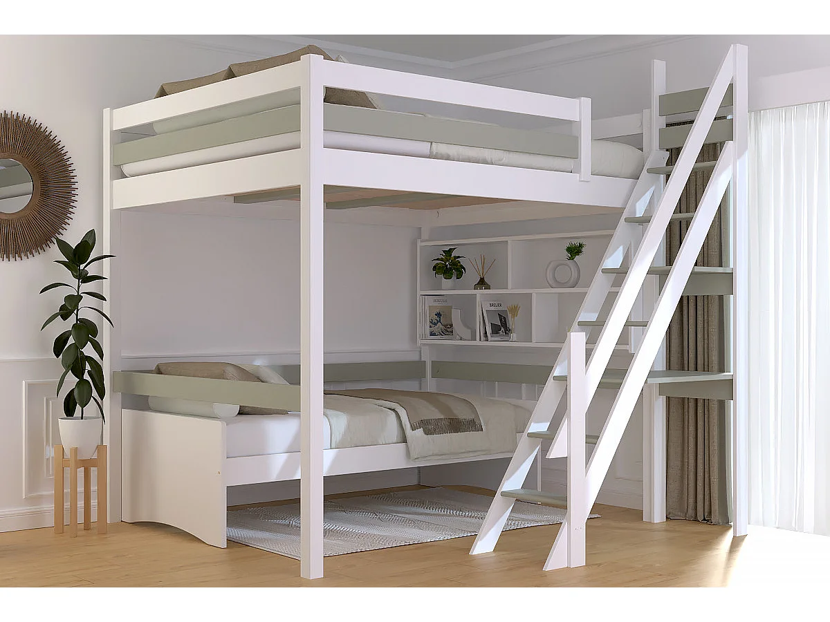 Lit Mezzanine bois 160x200 Sylvia avec escalier de meunier, Blanc/Moka
