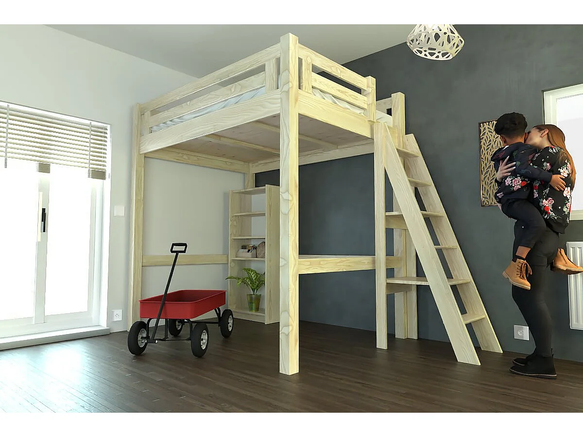 Lit Mezzanine adulte 140x200 bois + échelle hauteur réglable Alpage, Vernis Naturel