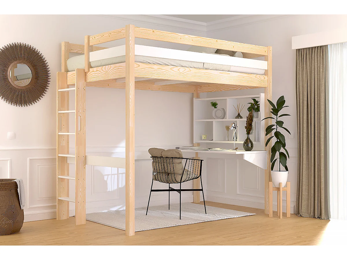 Lit en hauteur 1 place bois Sylvia 120x190 échelle droite, Vernis naturel/Blanc