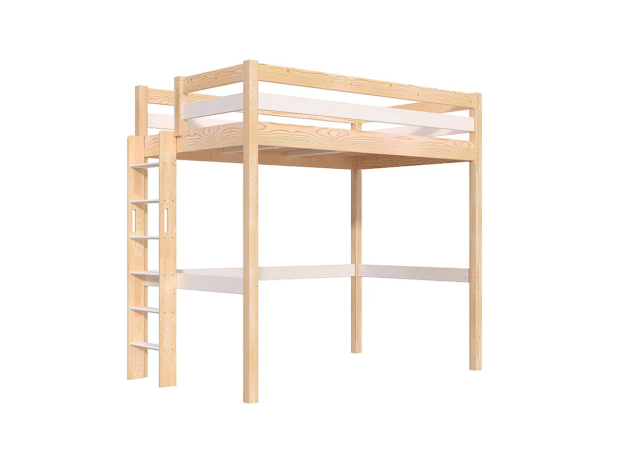 Lit en hauteur 1 place bois Sylvia 120x190 échelle droite, Vernis naturel/Blanc