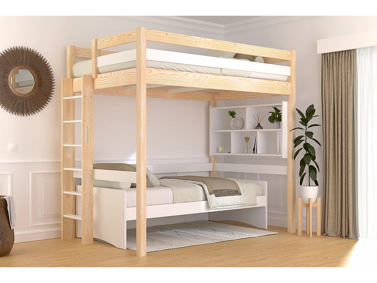 Lit en hauteur 1 place bois Sylvia 120x190 échelle droite, Vernis naturel/Blanc