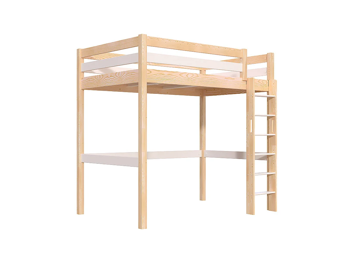 Lit en hauteur 1 place bois Sylvia 120x190 échelle droite, Vernis naturel/Blanc