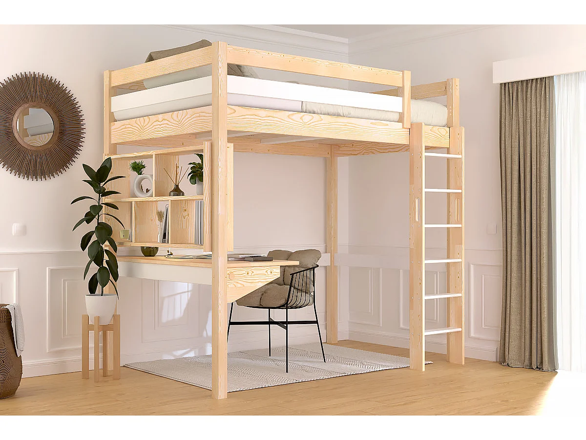 Lit en hauteur 1 place bois Sylvia 120x190 échelle droite, Vernis naturel/Blanc