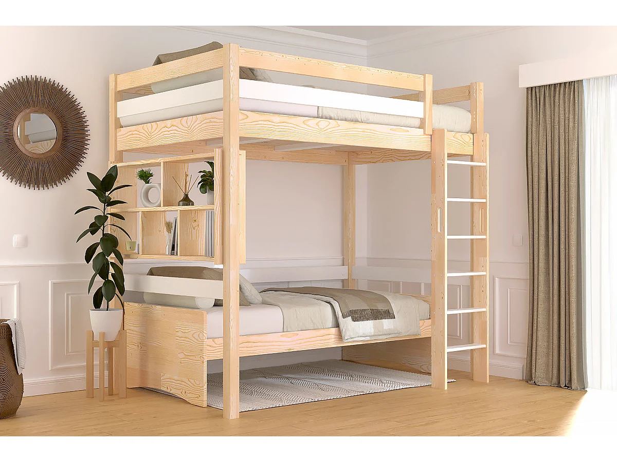 Lit en hauteur 1 place bois Sylvia 120x190 échelle droite, Vernis naturel/Blanc