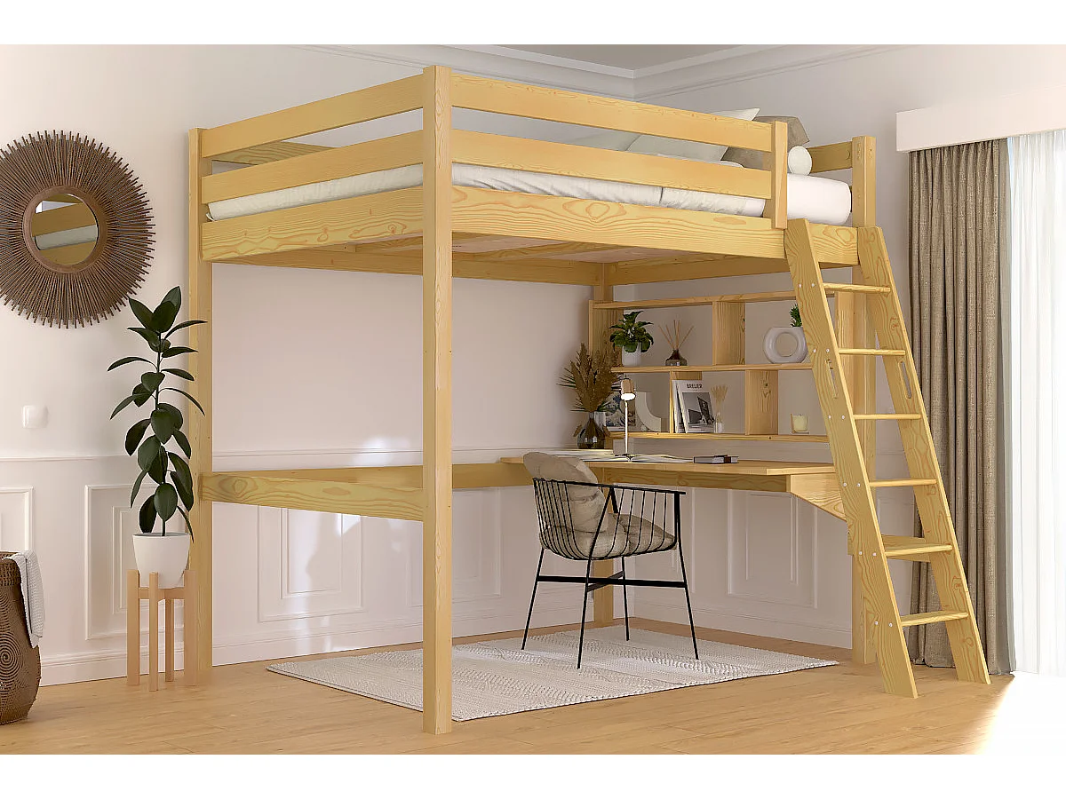 Lit mezzanine 2 places bois Sylvia 140x190 échelle inclinée, Miel
