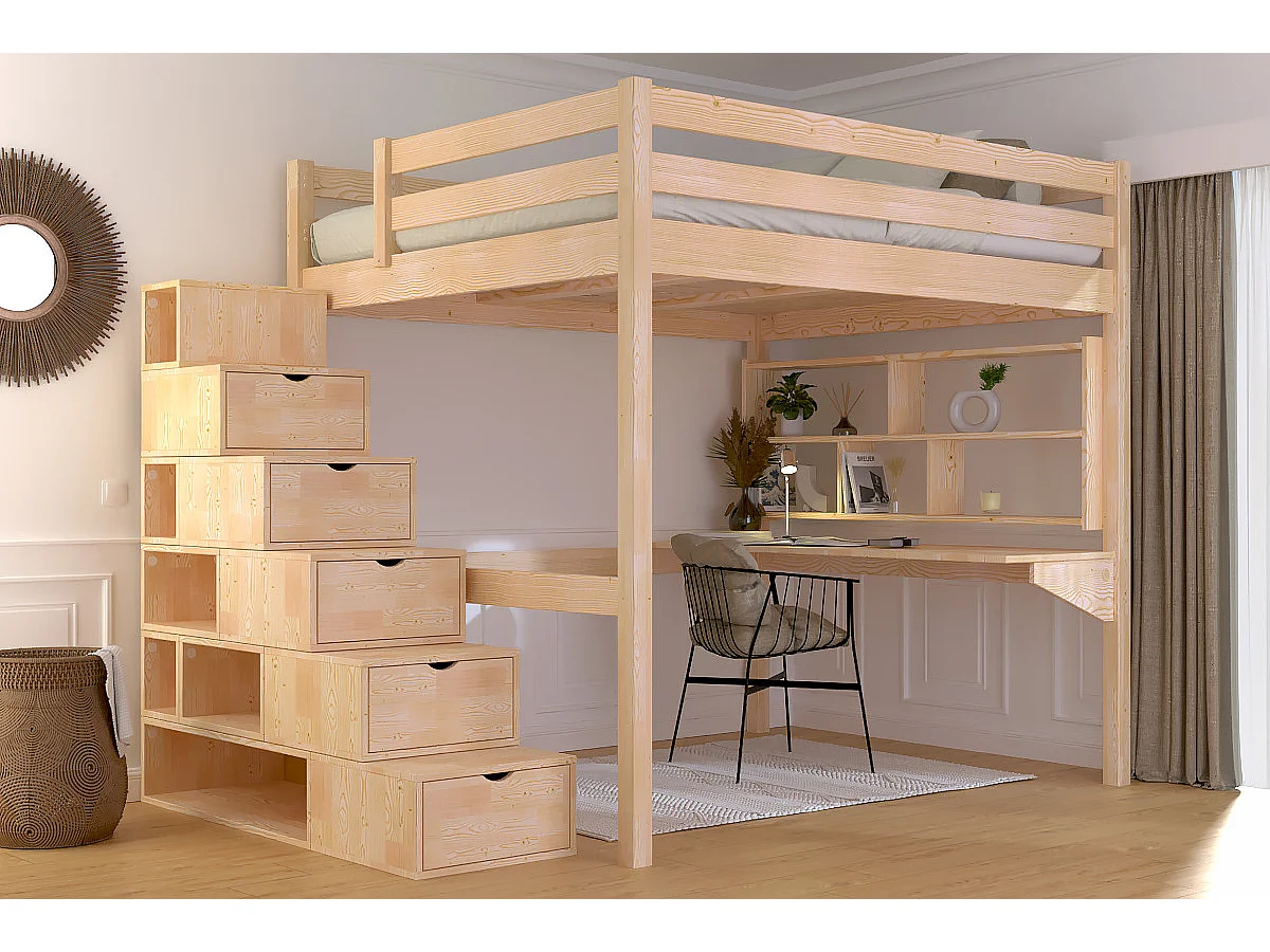 Lit Mezzanine bois 160x200 avec escalier cube Sylvia, Vernis Naturel