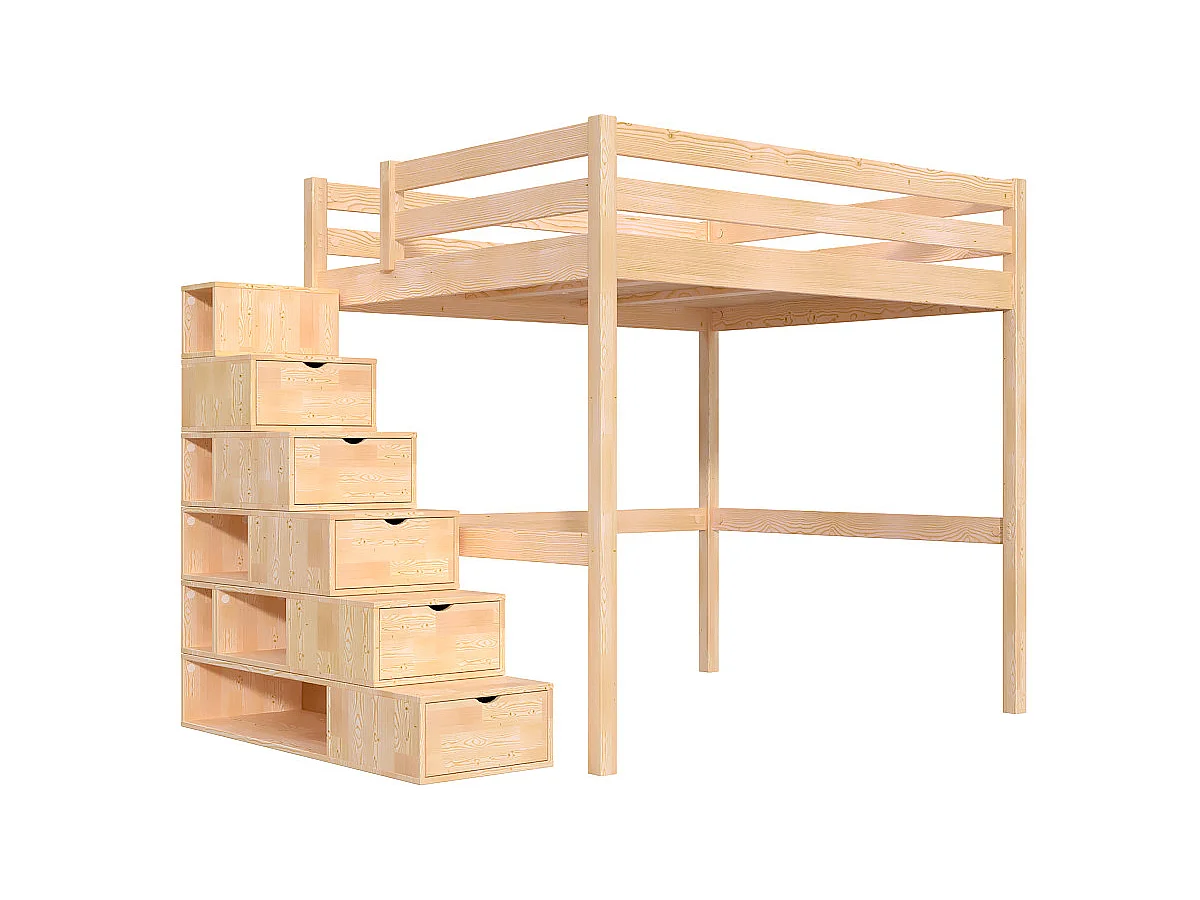 Lit Mezzanine bois 160x200 avec escalier cube Sylvia, Vernis Naturel