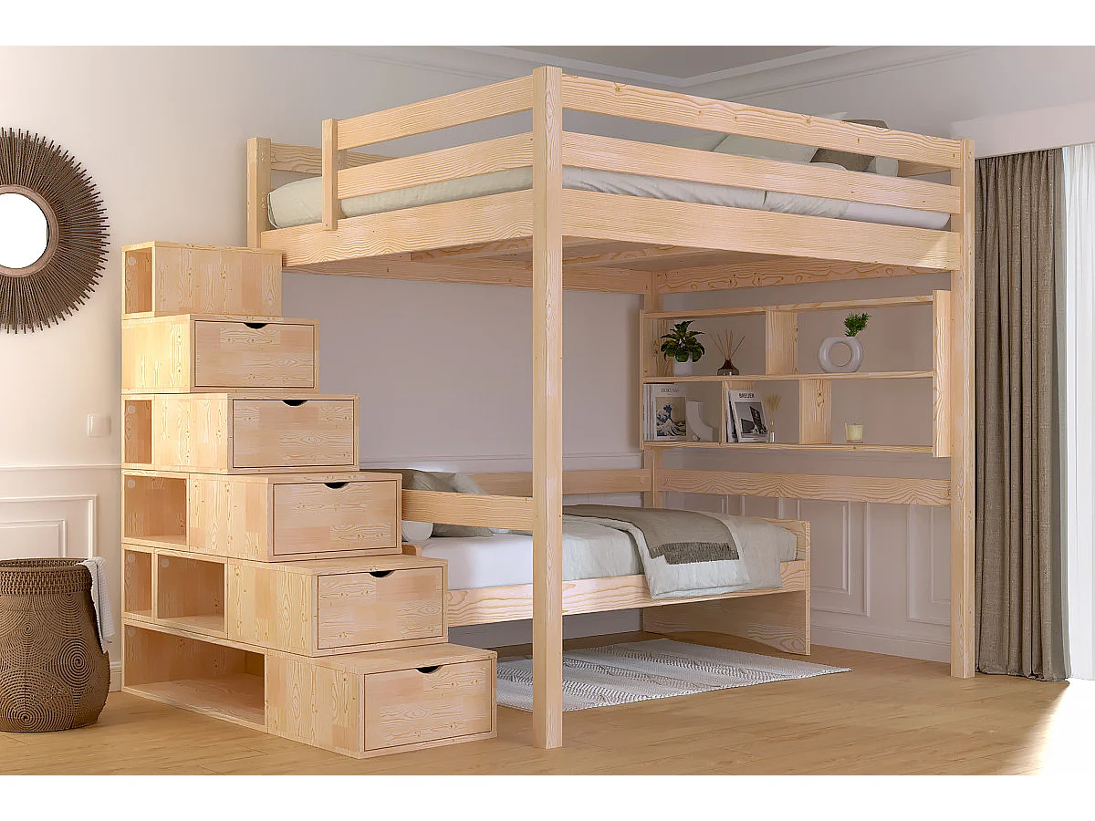 Lit Mezzanine bois 160x200 avec escalier cube Sylvia, Vernis Naturel