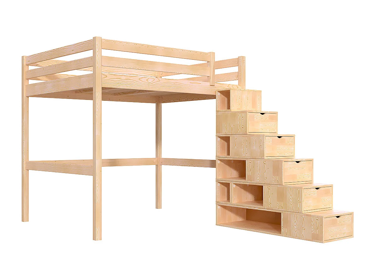 Lit Mezzanine bois 160x200 avec escalier cube Sylvia, Vernis Naturel
