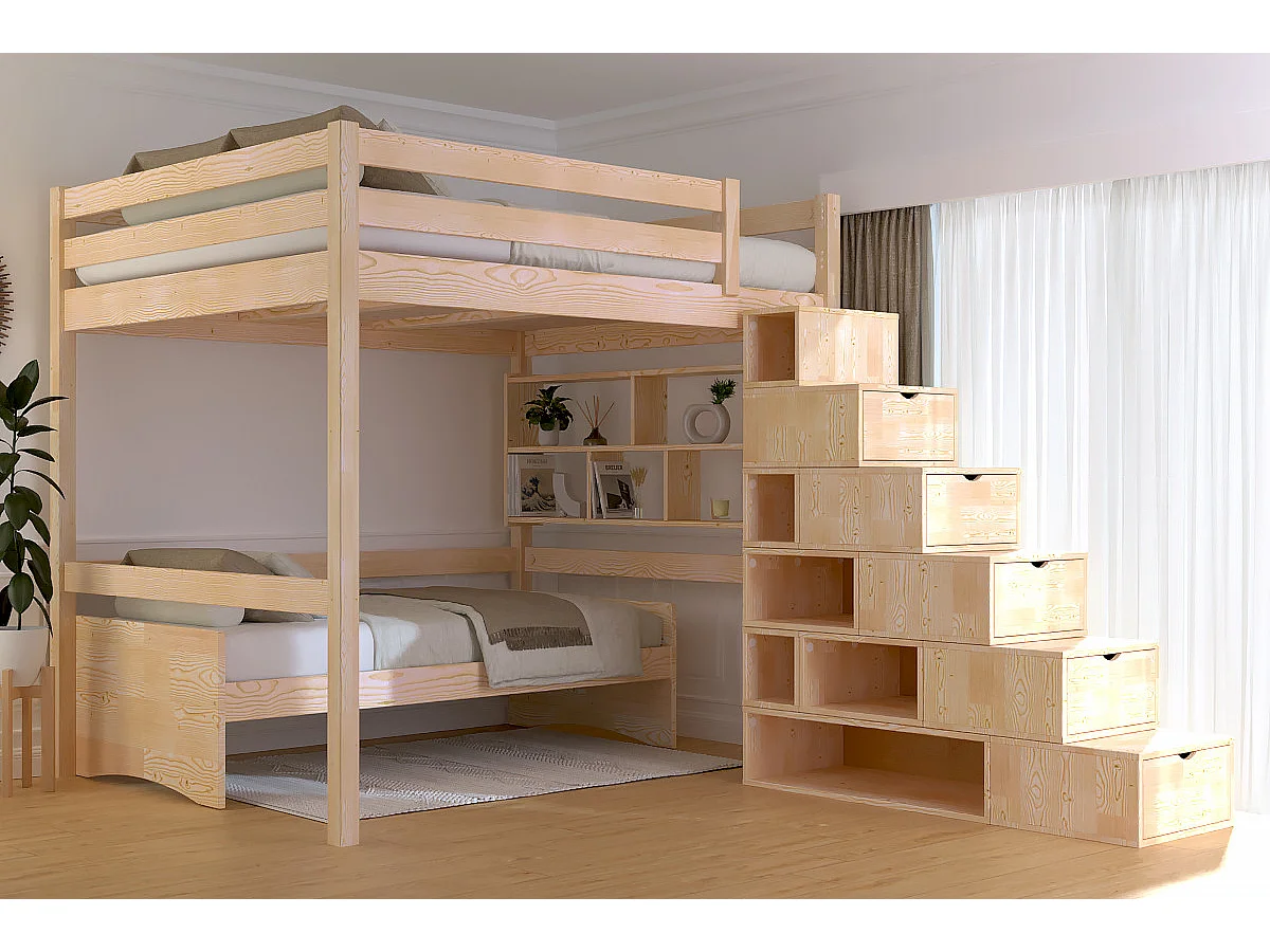 Lit Mezzanine bois 160x200 avec escalier cube Sylvia, Vernis Naturel