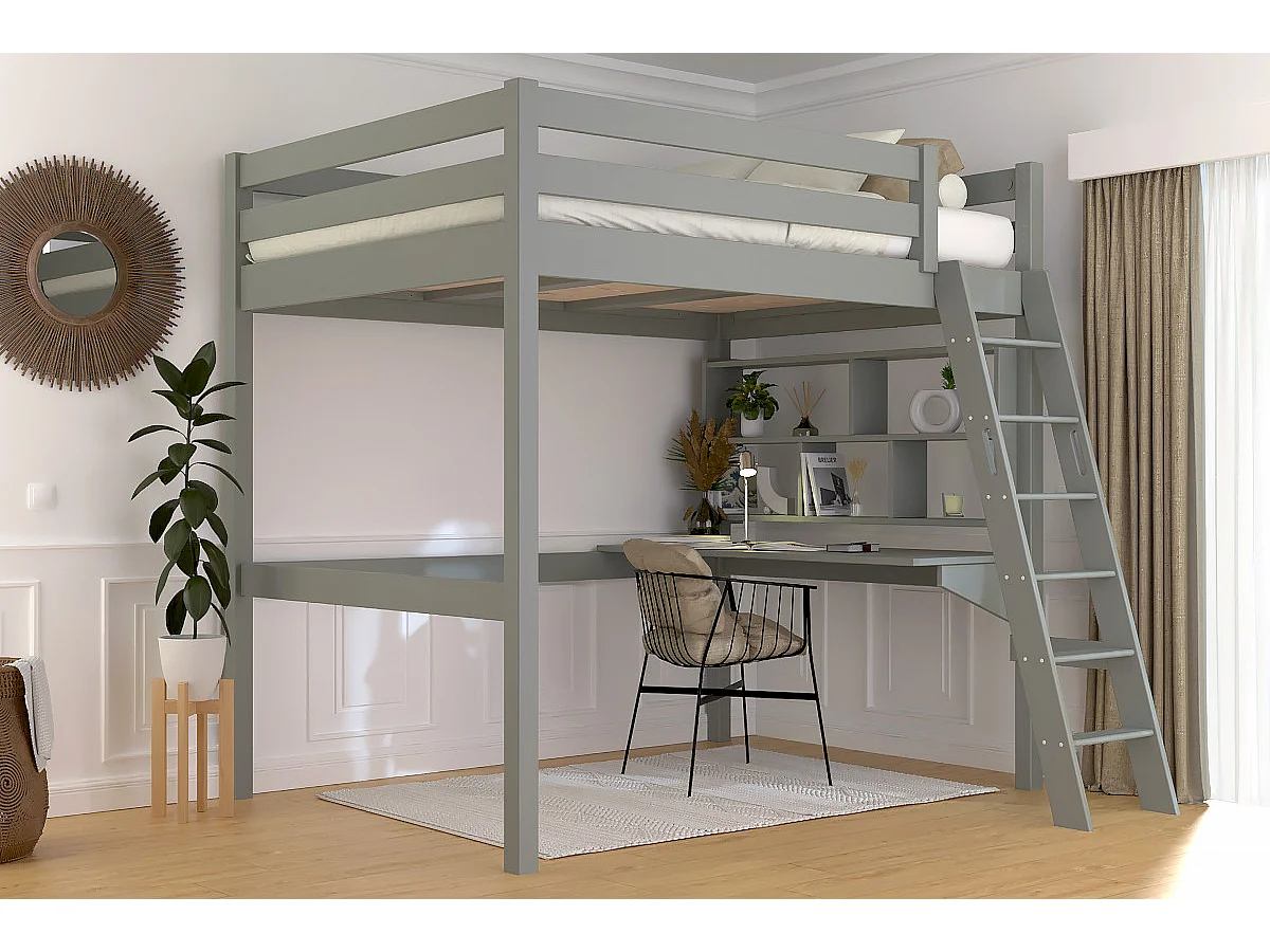 Lit mezzanine 2 places bois Sylvia 140x200 échelle inclinée, Gris
