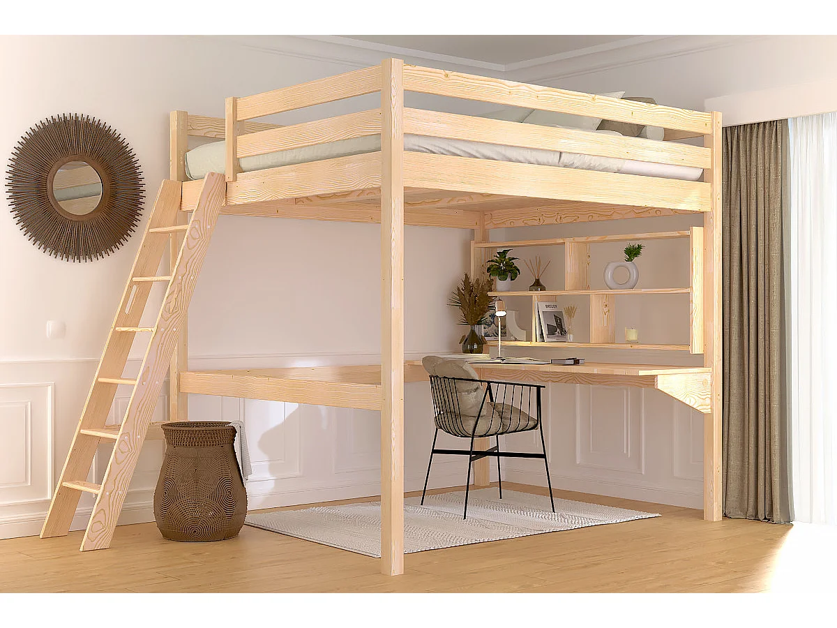 Lit mezzanine 2 places bois Sylvia 160x200 échelle inclinée, Vernis Naturel